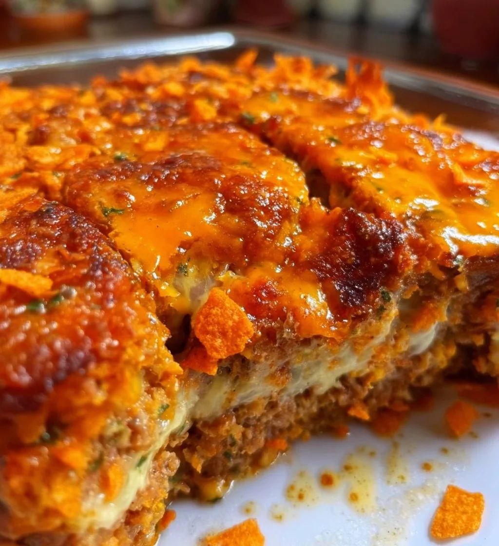 Delicious Dorito meatloaf casserole dish served hot and ready to eat.