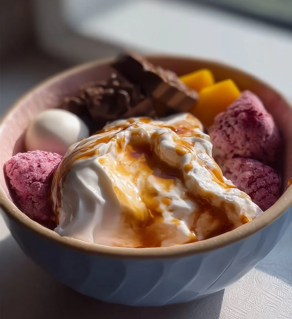 Delicious dry yoghurt bowl topped with fresh fruits and nuts