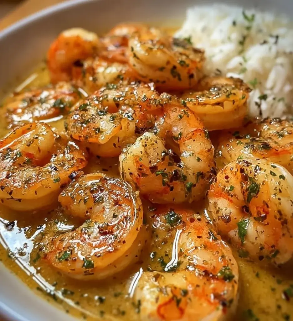 Plate of creamy garlic shrimp garnished with parsley and served with pasta