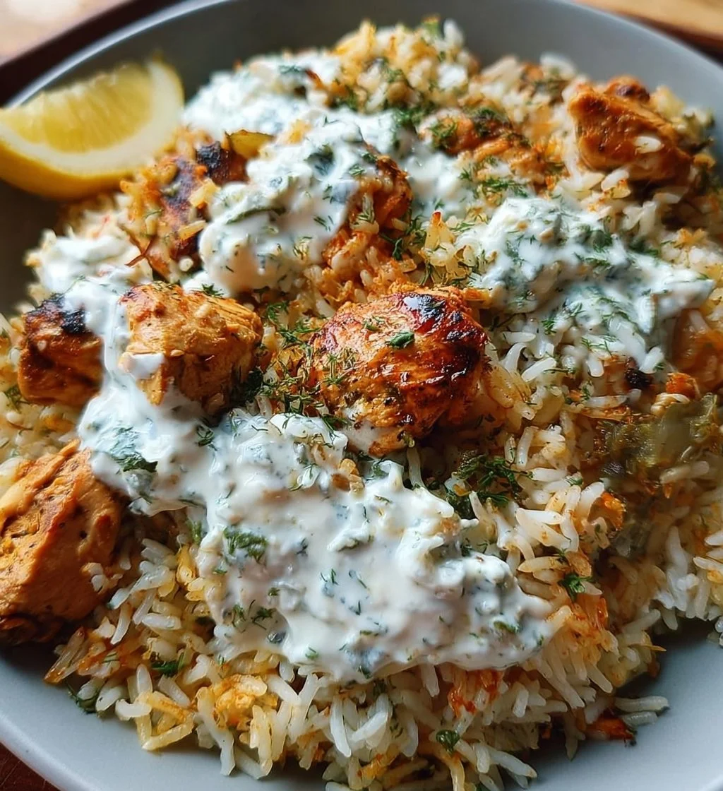 Baked chicken tzatziki rice dish served on a plate with fresh herbs