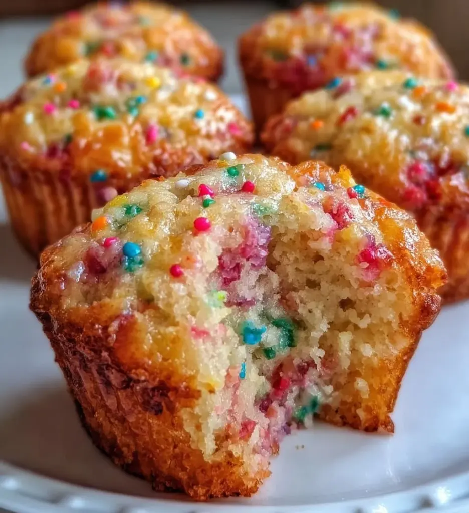 Delicious Funfetti Greek yogurt muffins topped with colorful sprinkles