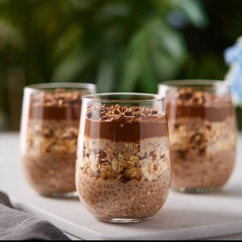 Bowl of easy Nutella overnight oats topped with fruits and nuts.