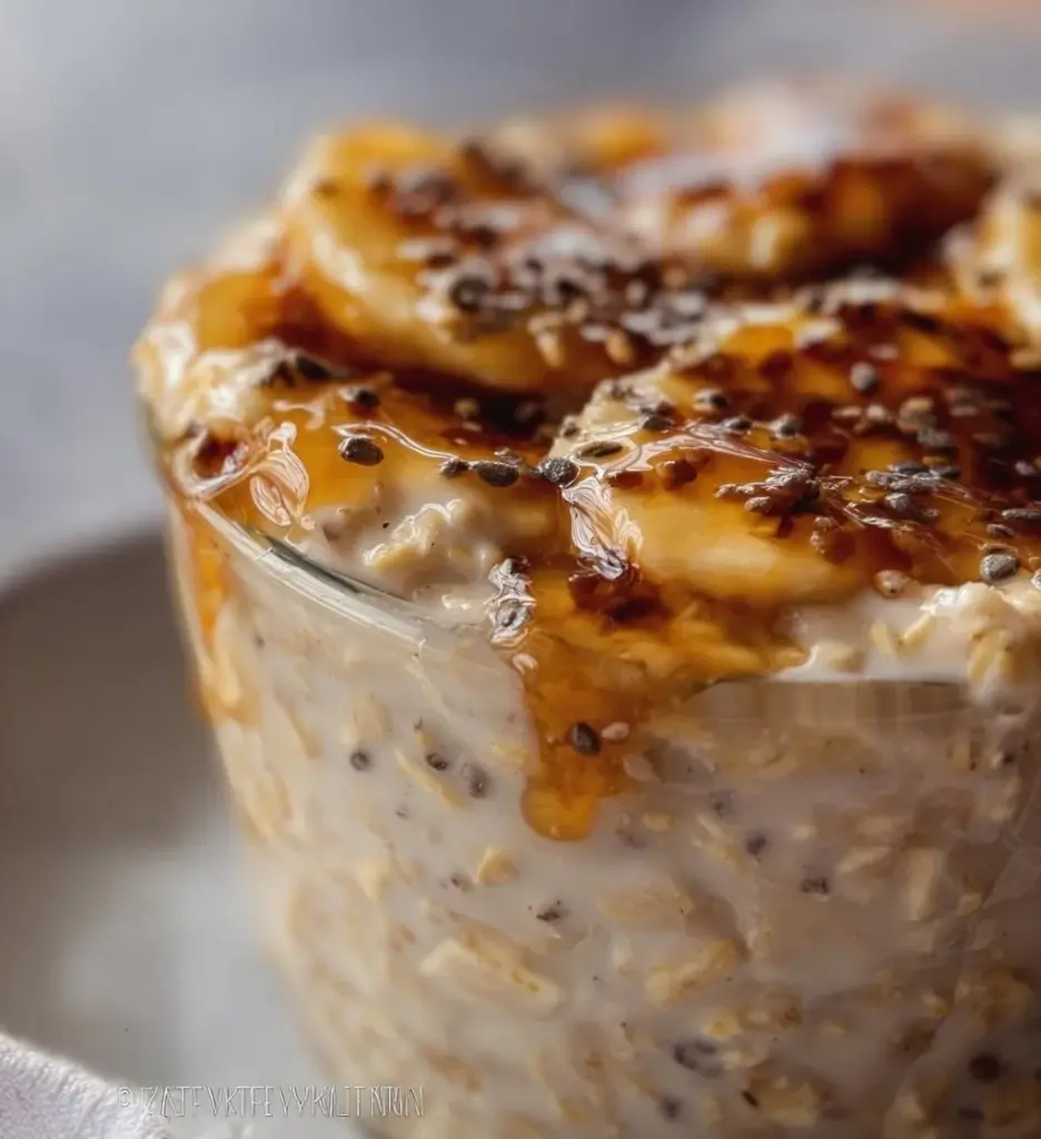 Bowl of delicious and healthy easy overnight oats topped with fresh fruits and nuts.