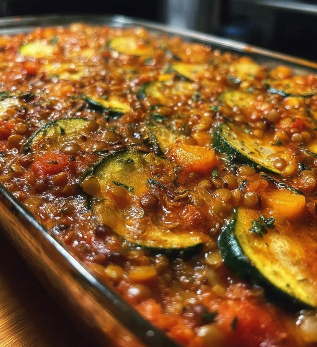 Easy vegetarian lentil zucchini bake dish with fresh ingredients