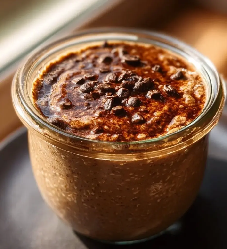 Bowl of delicious Espresso Overnight Oats topped with nuts and fruits