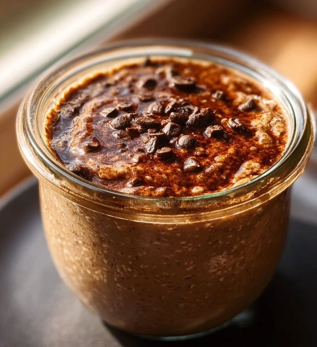 Bowl of delicious Espresso Overnight Oats topped with nuts and fruits