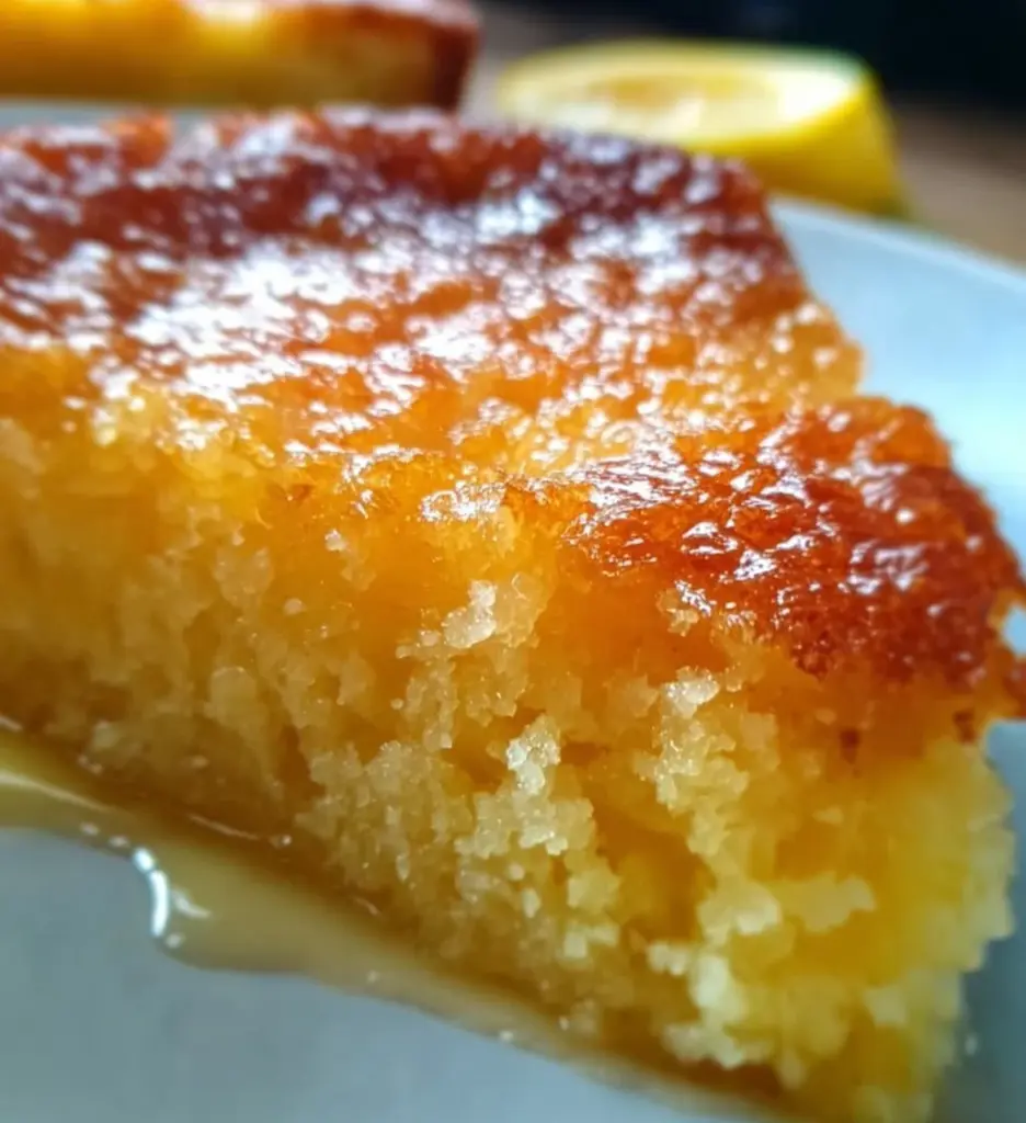 Flourless Lemon Greek Yogurt Cake garnished with fresh lemon slices