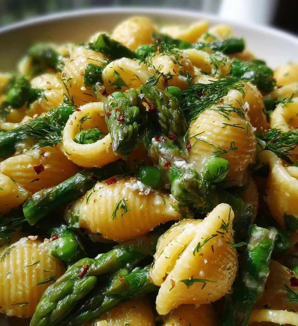 Fresh Spring Pasta Salad with colorful vegetables and herbs in a bowl