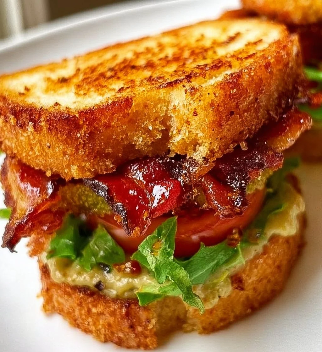 Delicious Fried Green Tomato BLT sandwich with crispy bacon and fresh lettuce.