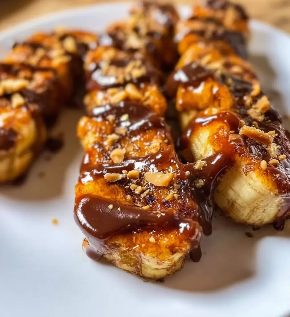 Frozen Banana Snickers dessert with chocolate and peanuts