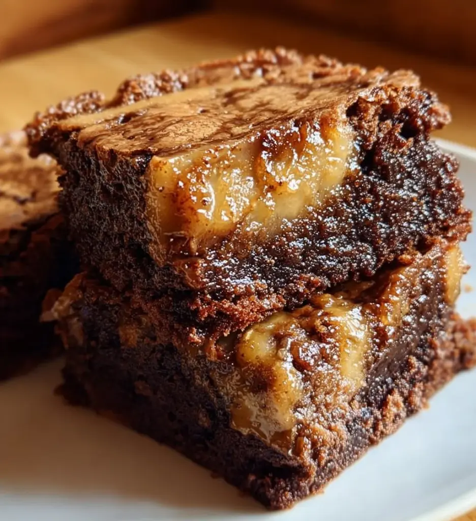 Fudgy Banana Bread Brownies with chocolate drizzle on a wooden table