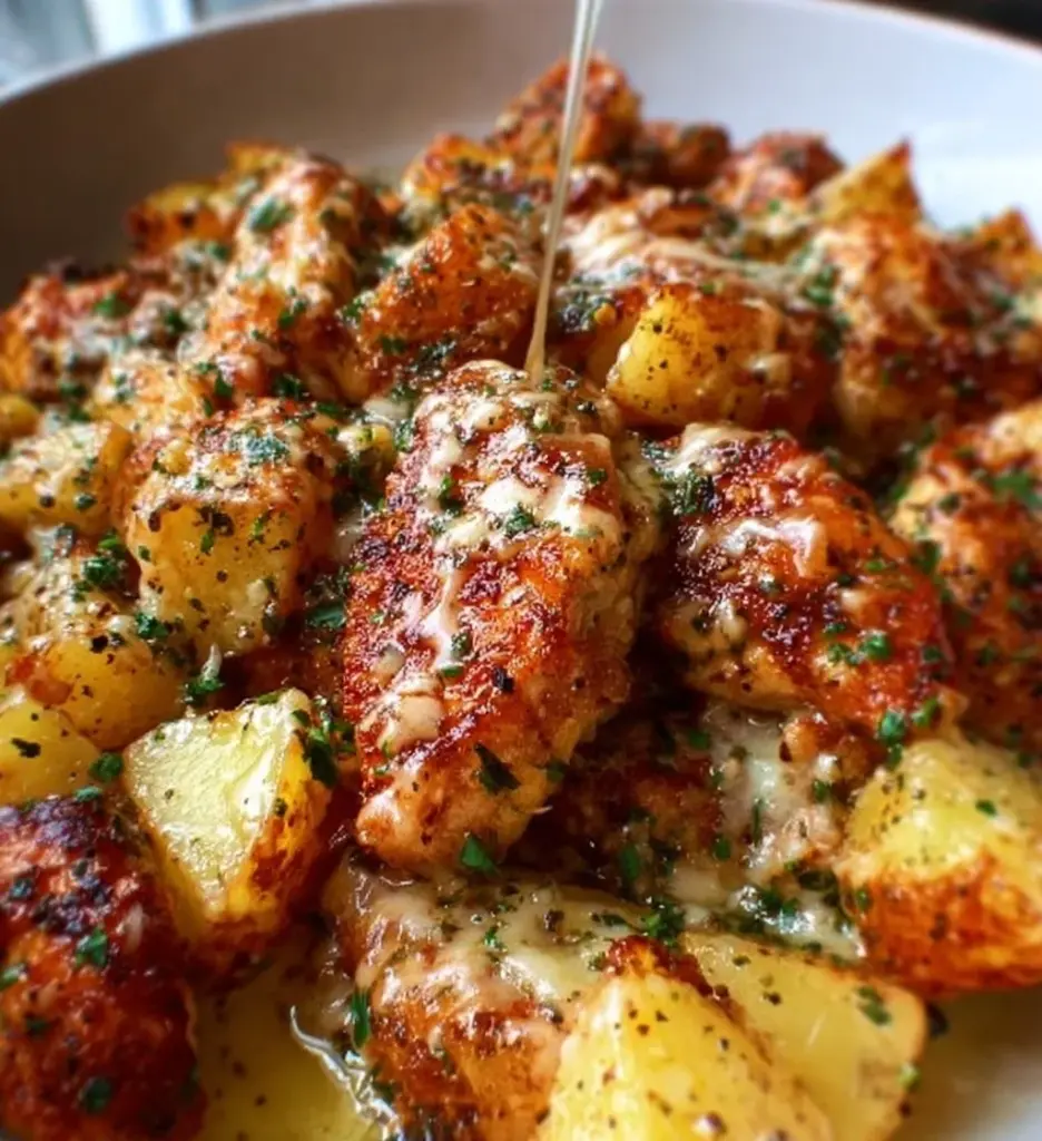 Garlic Parmesan Chicken served with roasted potatoes on a white plate