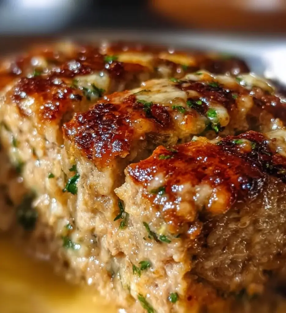 Garlic Parmesan Chicken Meatloaf on a white platter garnished with herbs