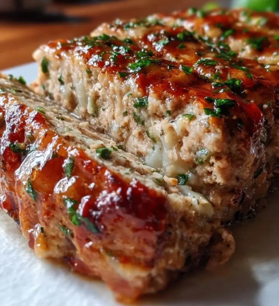 Garlic Parmesan Chicken Meatloaf on a plate, garnished with parsley.