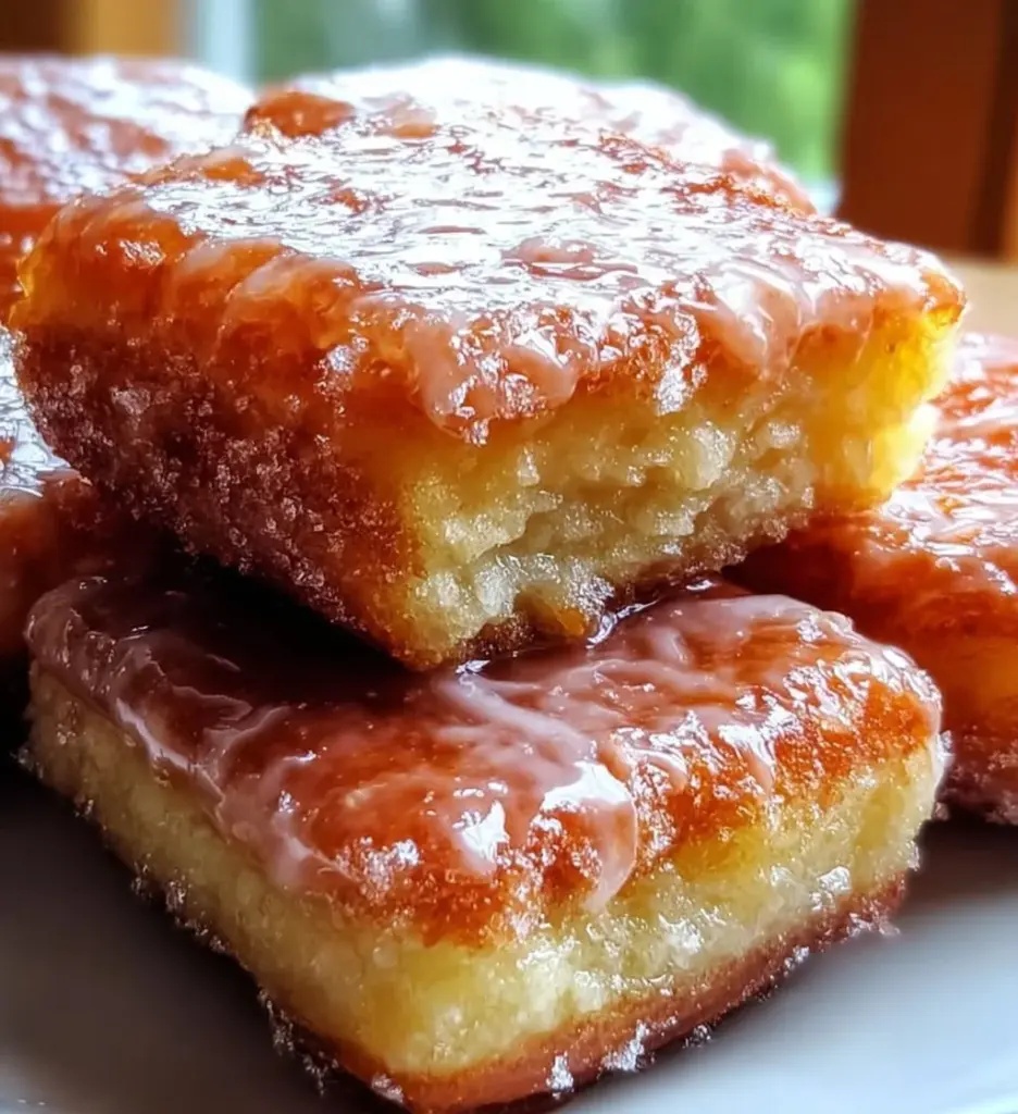 Glazed buttermilk beignet squares on a plate, perfect for dessert or brunch.