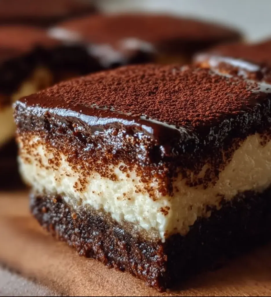 Delicious gluten free tiramisu brownies topped with coffee and chocolate