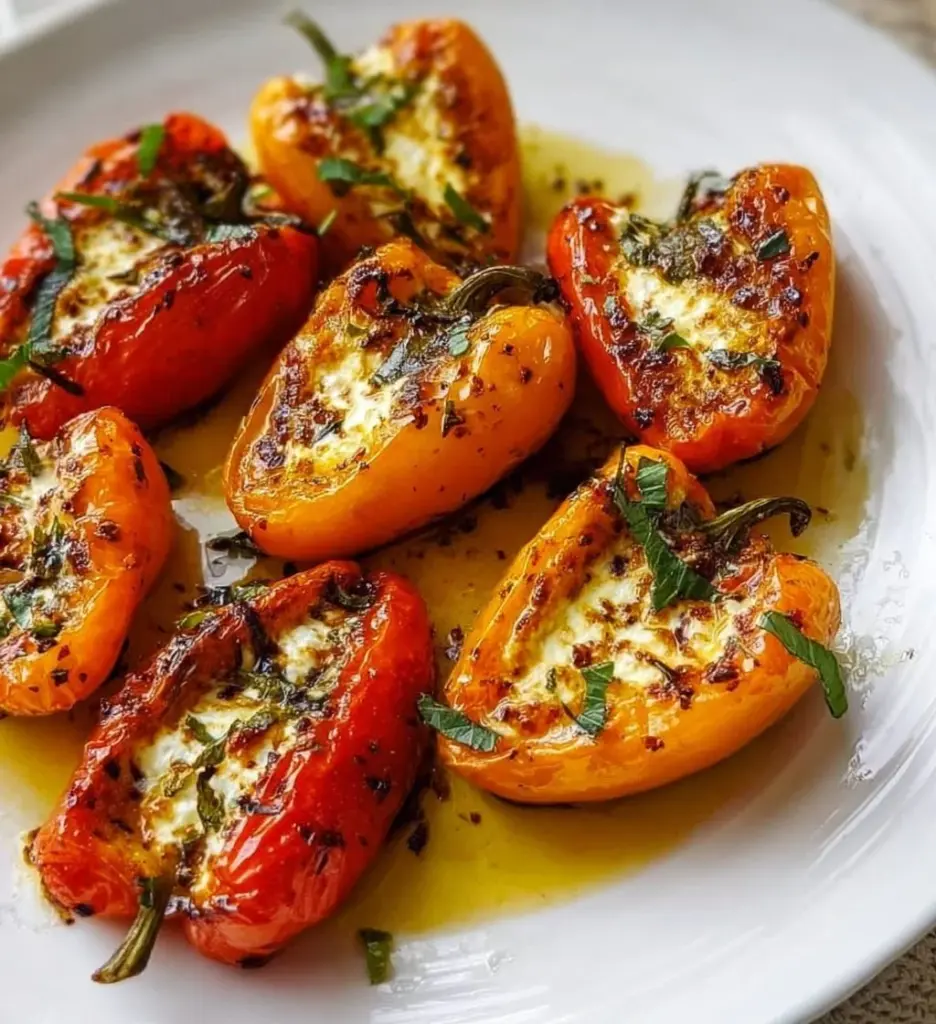 Goat cheese stuffed mini peppers on a platter, garnished and ready to serve.