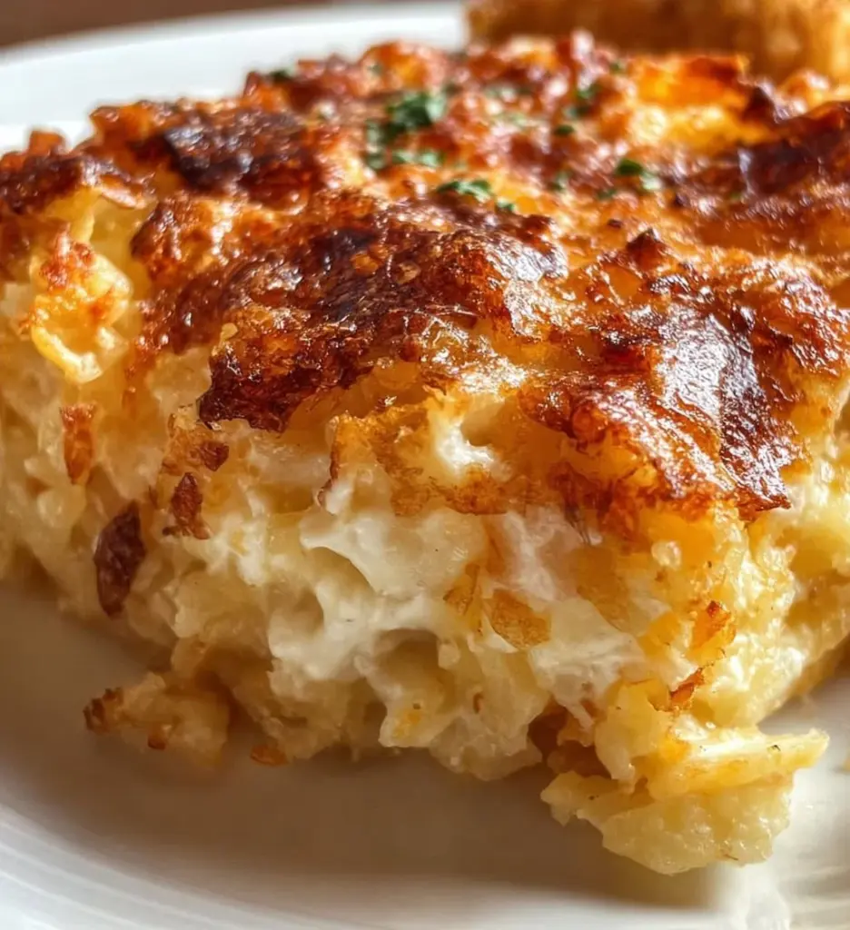 Delicious Grandma's Hash Brown Casserole, baked to perfection with cheesy goodness.