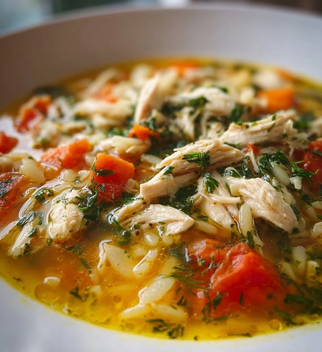 Bowl of Greek Lemon Chicken Soup garnished with fresh herbs and lemon slices