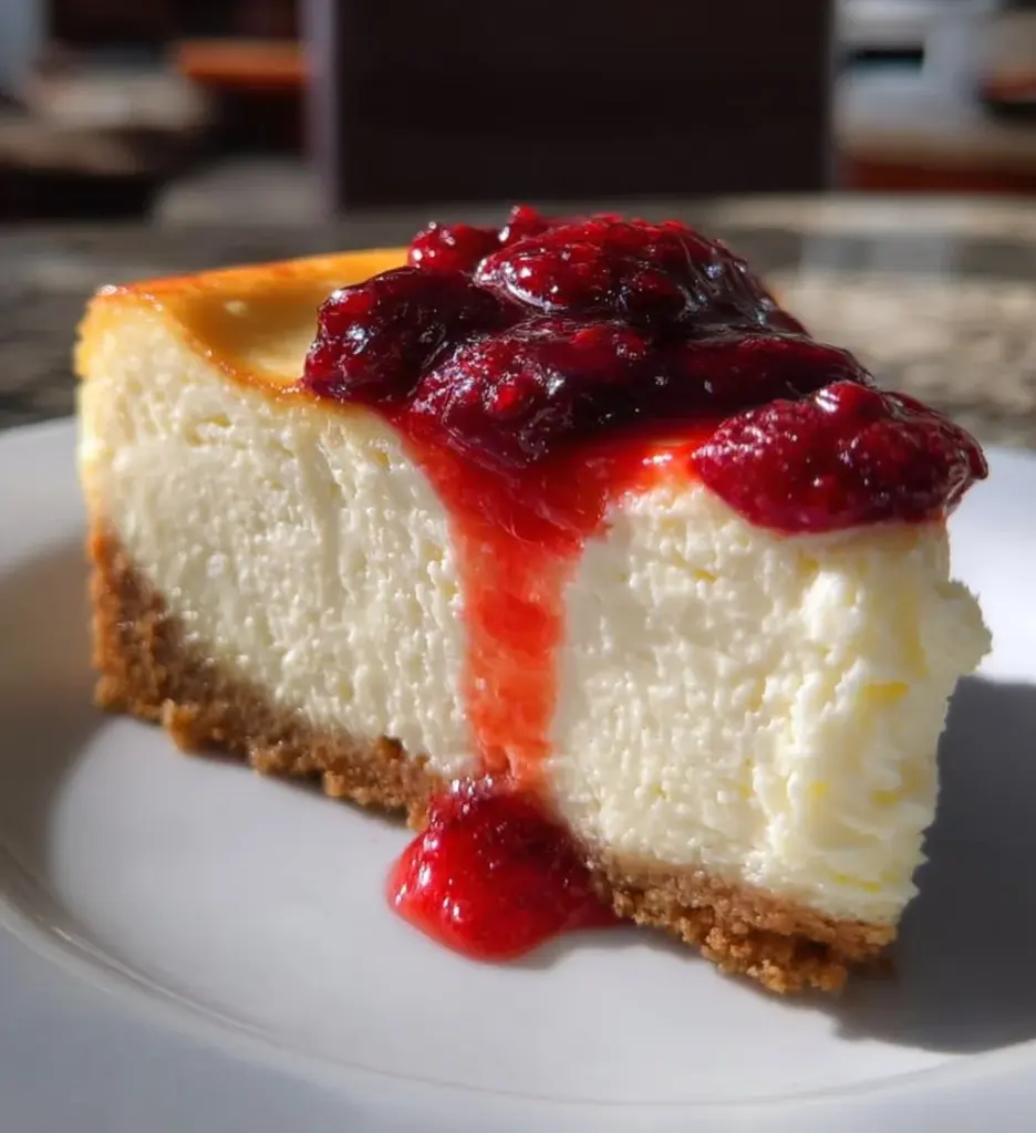 Delicious slice of Greek Yogurt Cheesecake topped with fresh berries.