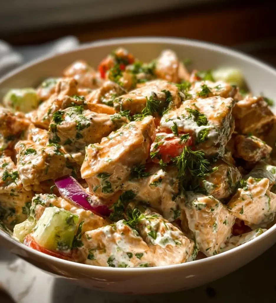 Delicious Greek yogurt chicken salad served in a bowl with fresh vegetables
