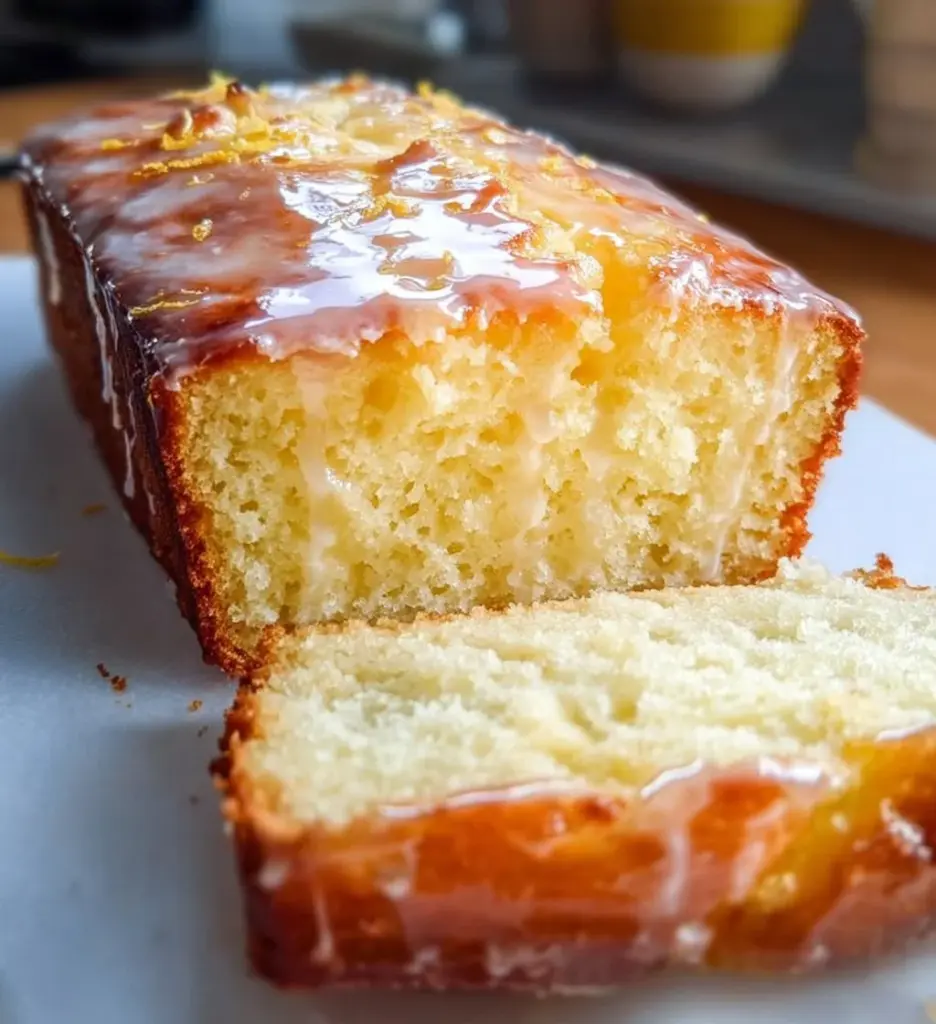 Sliced Greek Yogurt Lemon Loaf on a plate with a lemon slice garnish.