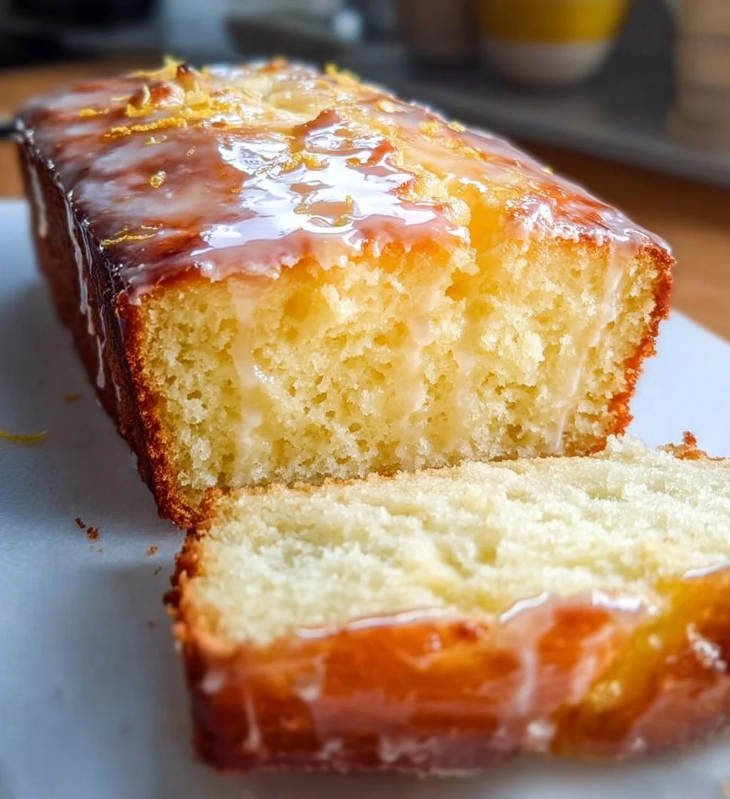 Sliced Greek Yogurt Lemon Loaf on a plate with a lemon slice garnish.