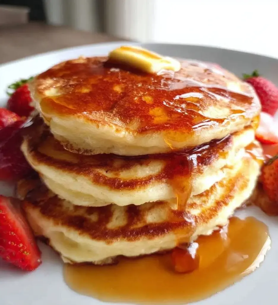 Delicious Greek Yogurt Pancakes stacked on a plate with fresh berries