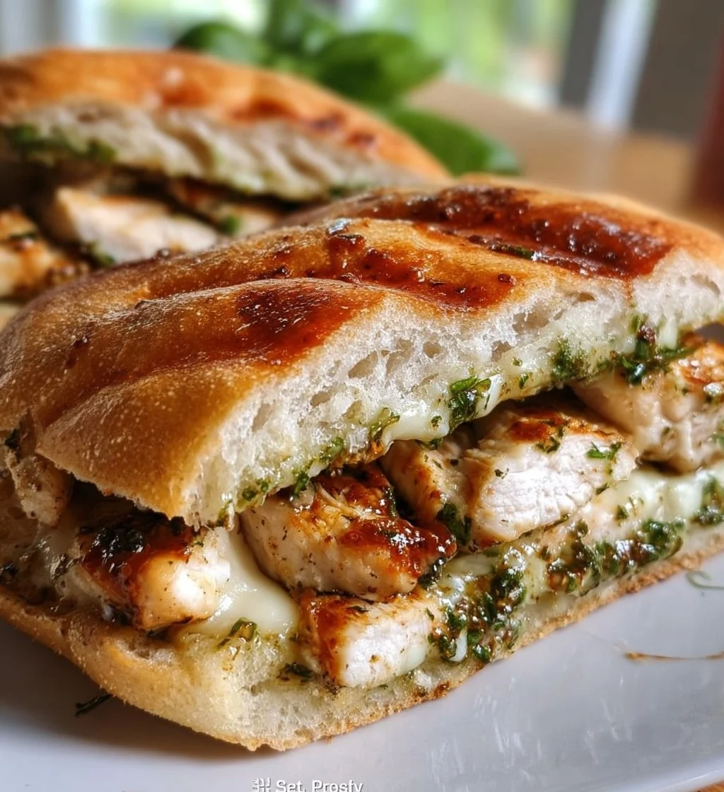 Grilled ciabatta sandwich with chicken and mozzarella, served with fresh herbs.