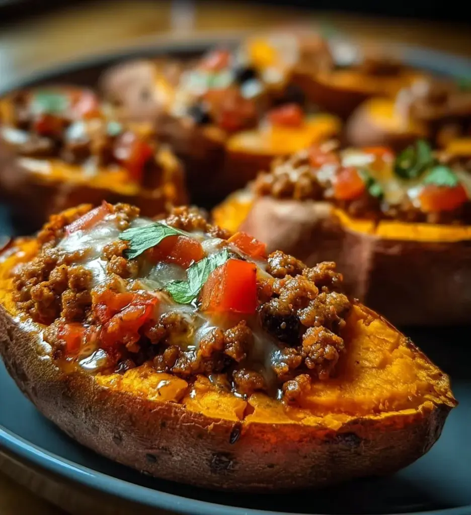 Ground Turkey Stuffed Sweet Potatoes topped with cheese and herbs
