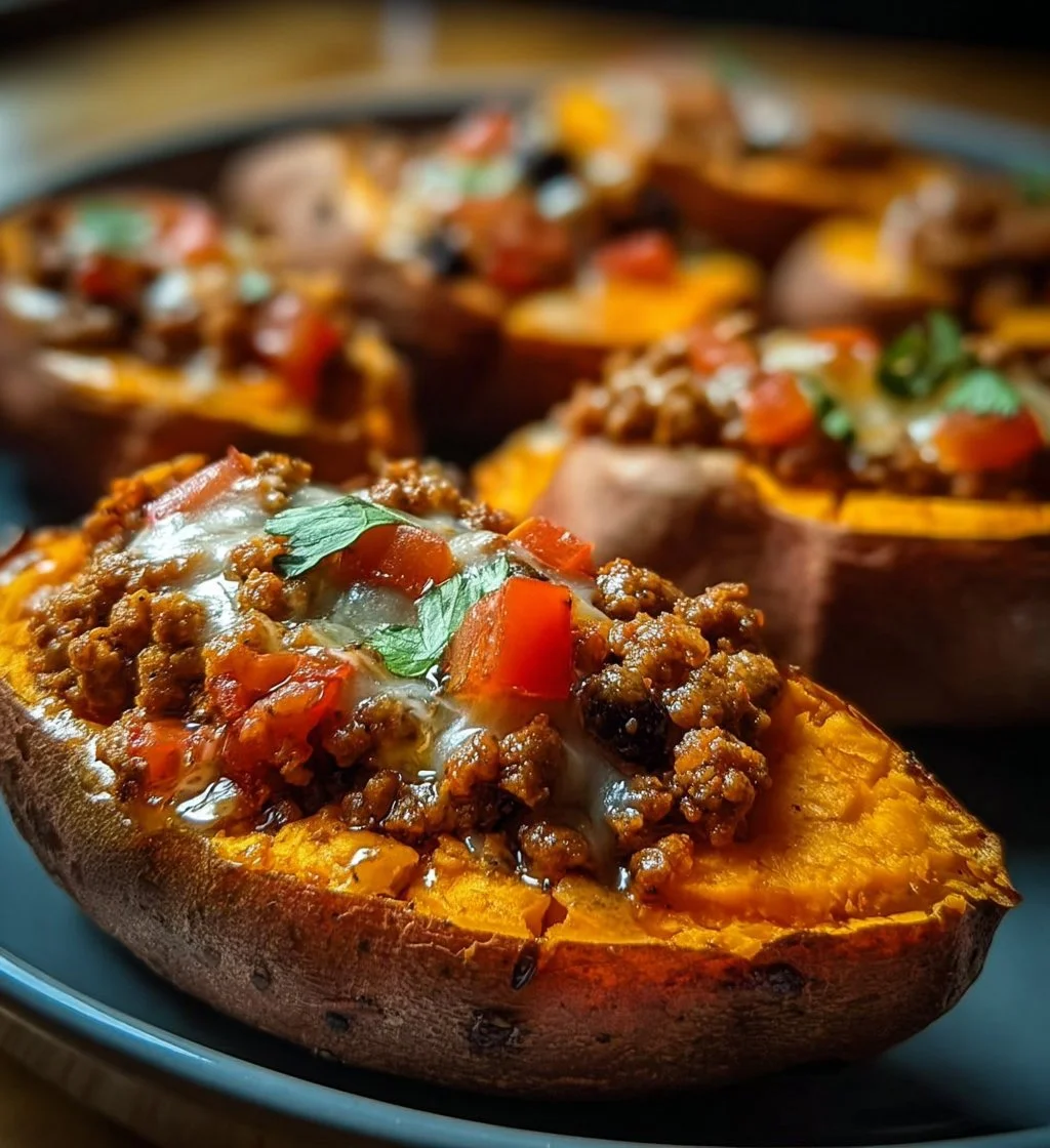 Ground Turkey Stuffed Sweet Potatoes topped with cheese and herbs