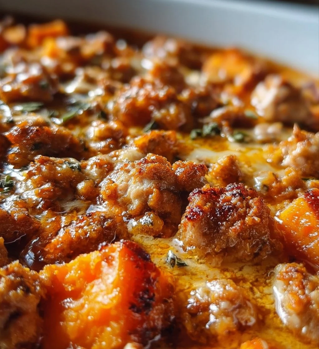 Ground Turkey Sweet Potato Bake topped with herbs and spices in a baking dish