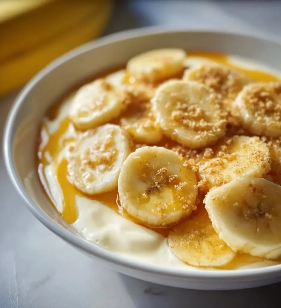 Healthy banana pudding made with Greek yogurt in a glass dish