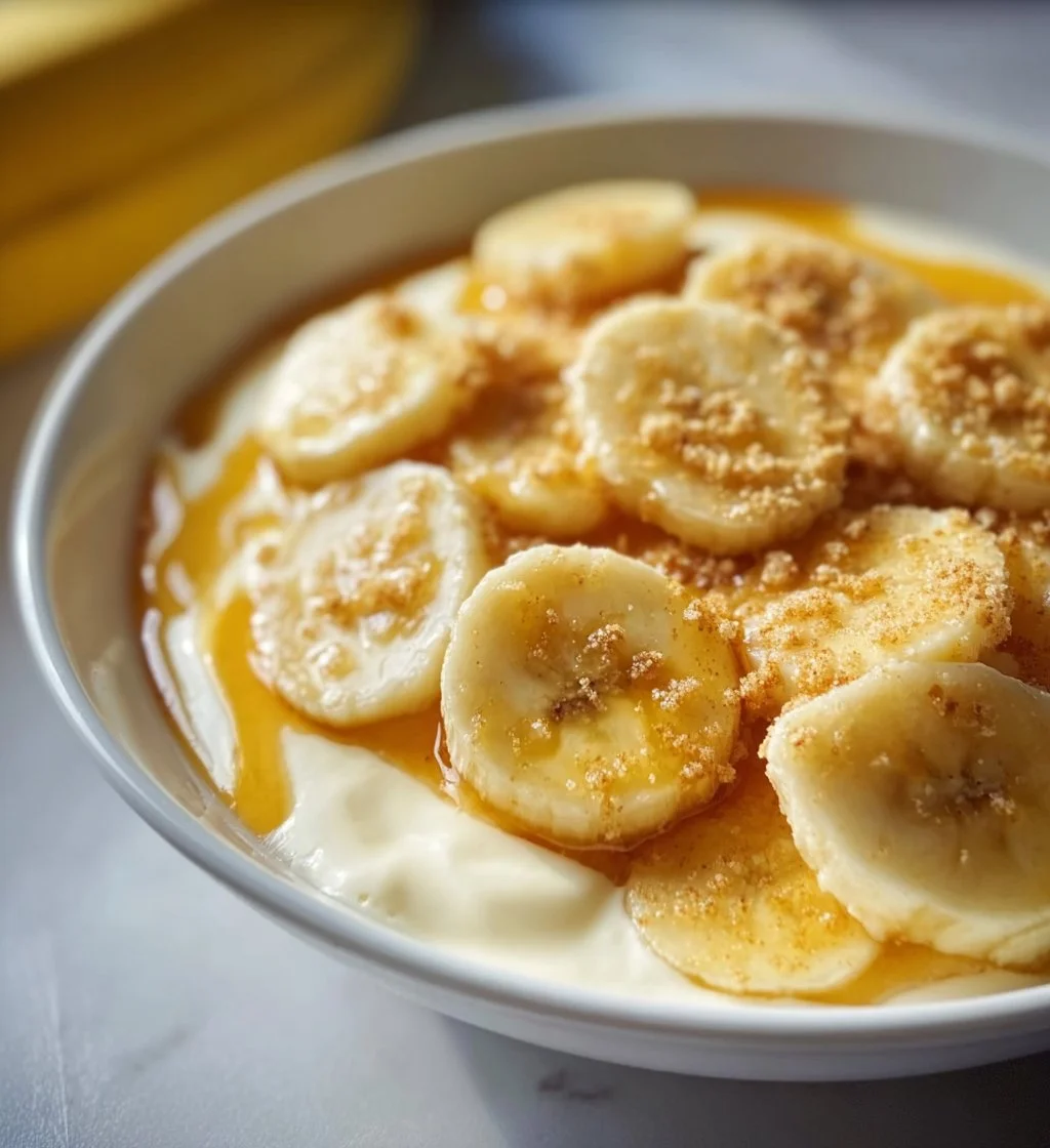 Healthy banana pudding made with Greek yogurt in a glass dish