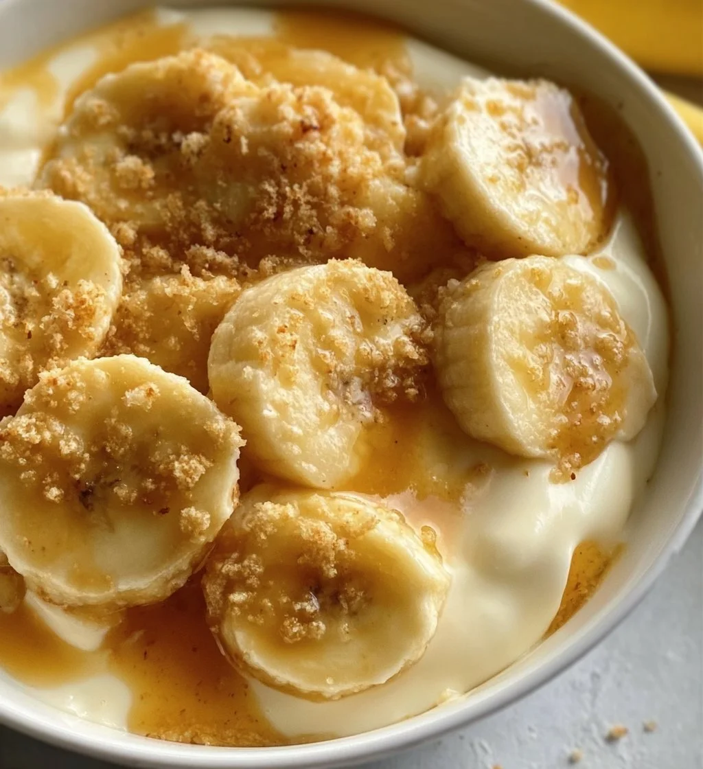 Healthy banana pudding made with Greek yogurt in a serving bowl