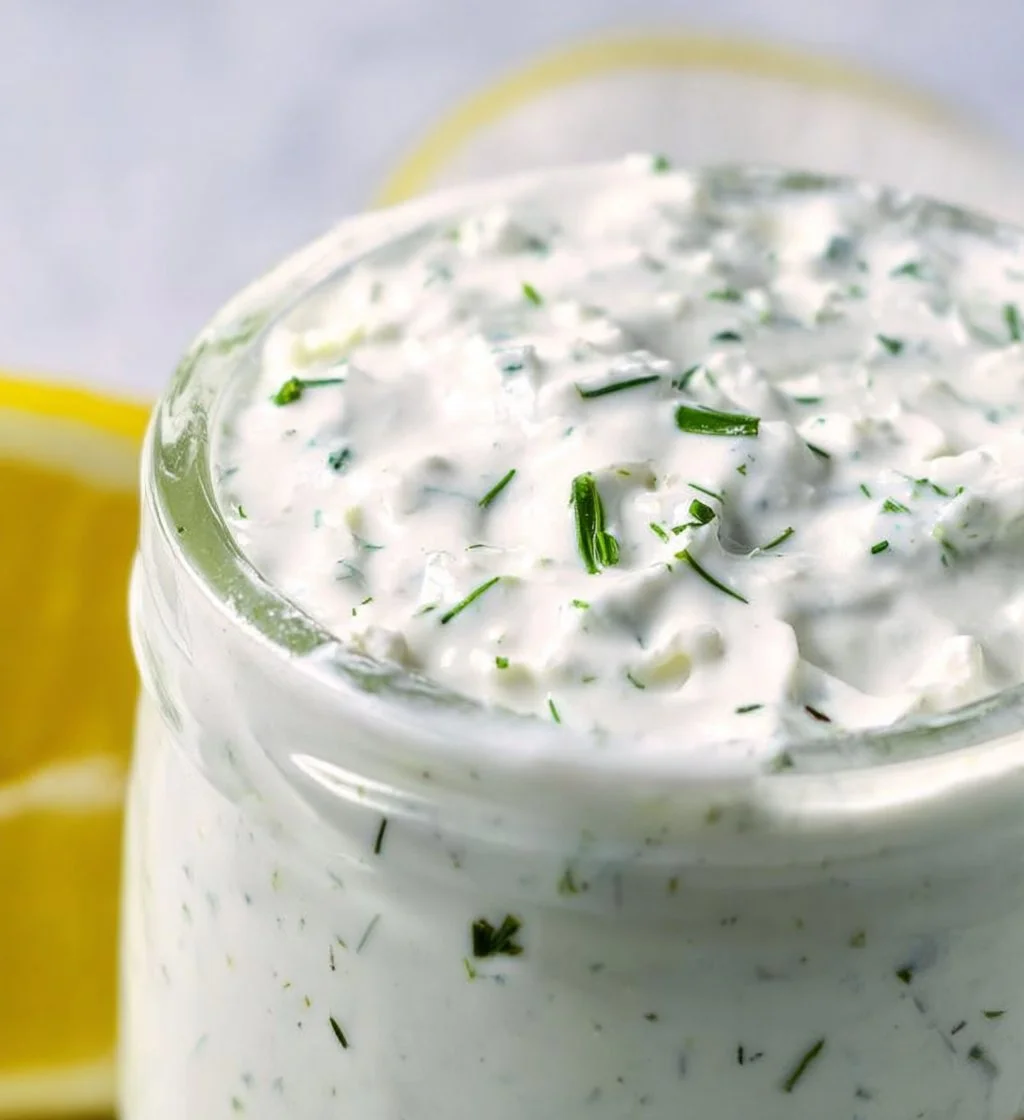 Healthy Greek yogurt ranch dressing in a bowl with herbs and spices