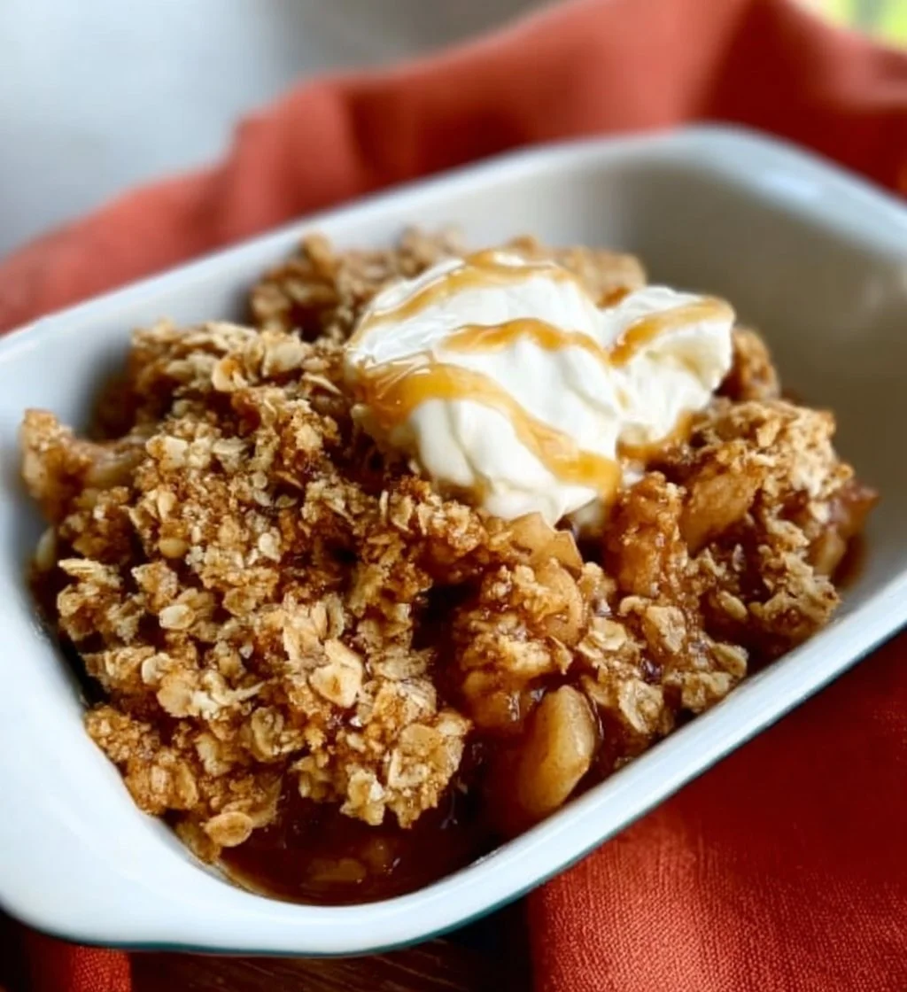 Healthy protein apple crisp with 30g protein, served in a bowl.