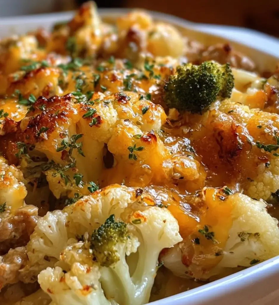 Healthy turkey and cauliflower casserole dish served on a plate