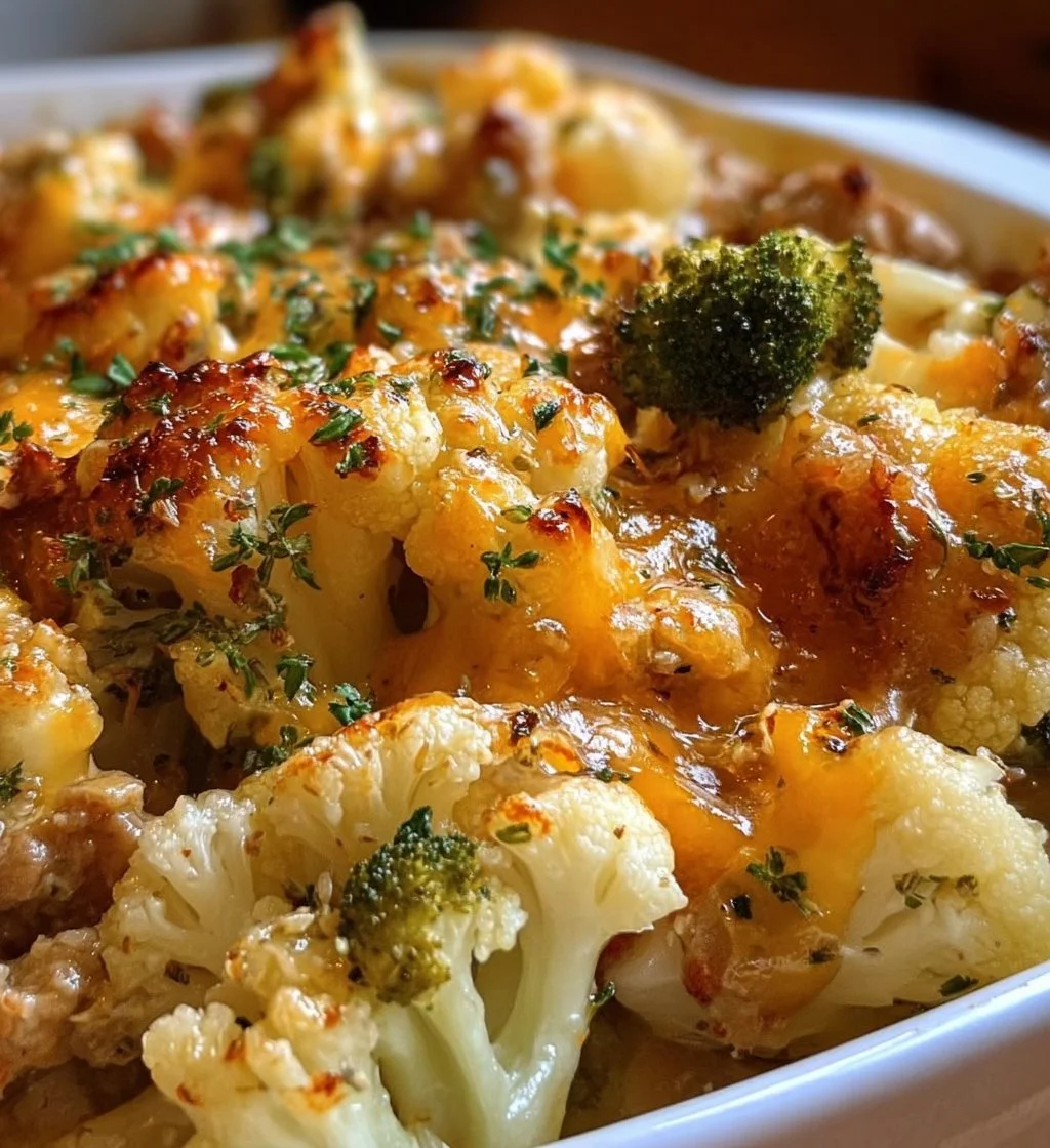 Healthy turkey and cauliflower casserole dish served on a plate