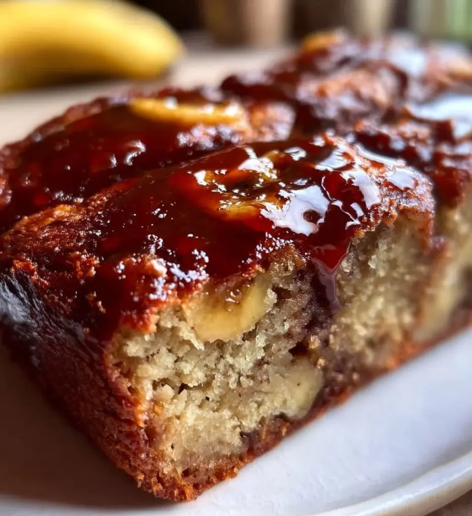 Healthy yogurt banana bread slice on a plate with banana and yogurt garnish.