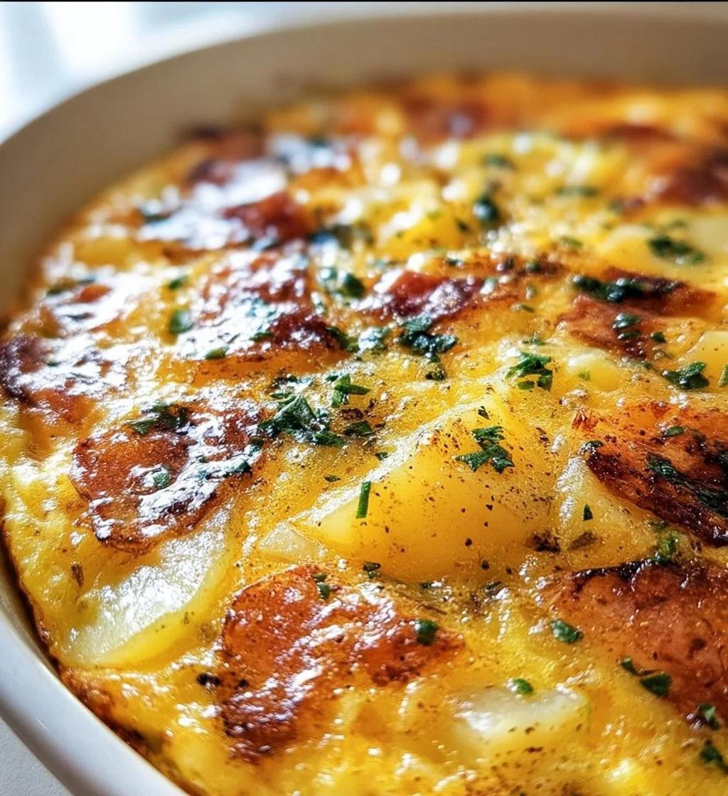 Hearty potato frittata with fresh herbs and vegetables served on a plate