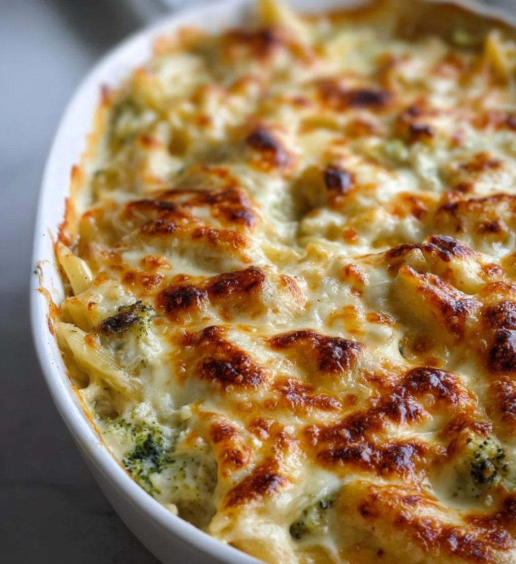 High Protein Alfredo Bake served in a white dish with fresh garnishes.