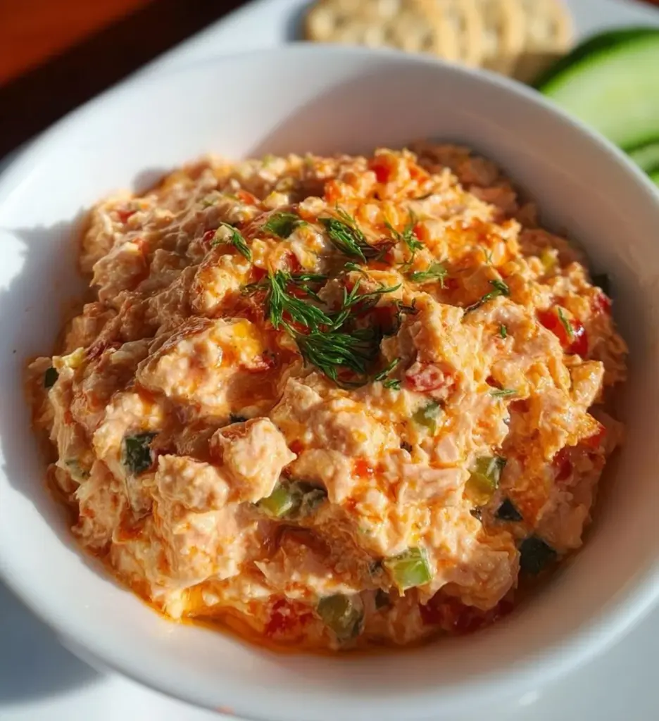 High protein cottage cheese tuna salad in a bowl, garnished with herbs.
