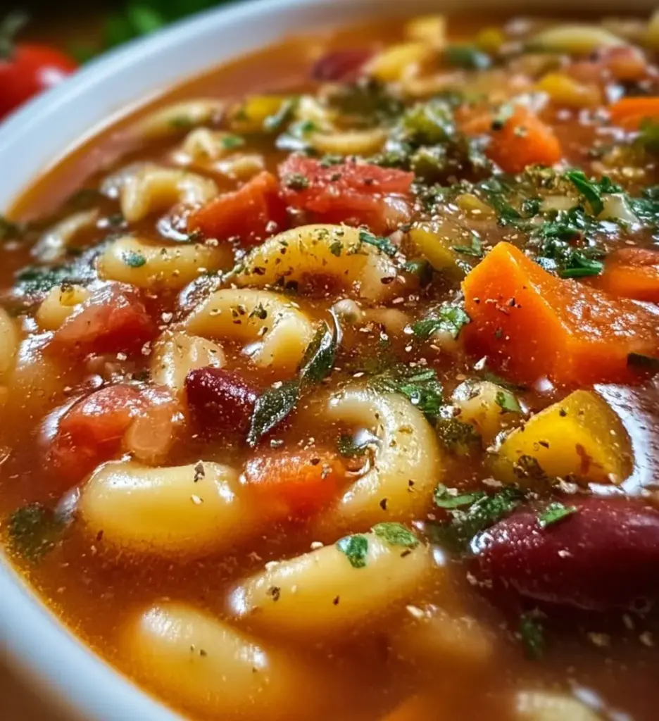 Bowl of high protein minestrone soup with vegetables and beans