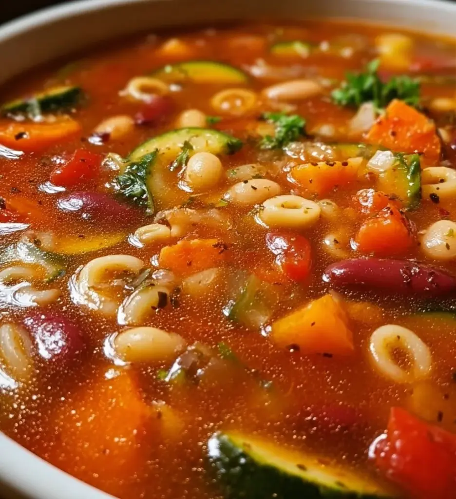 A bowl of high protein minestrone soup rich in vegetables and beans.