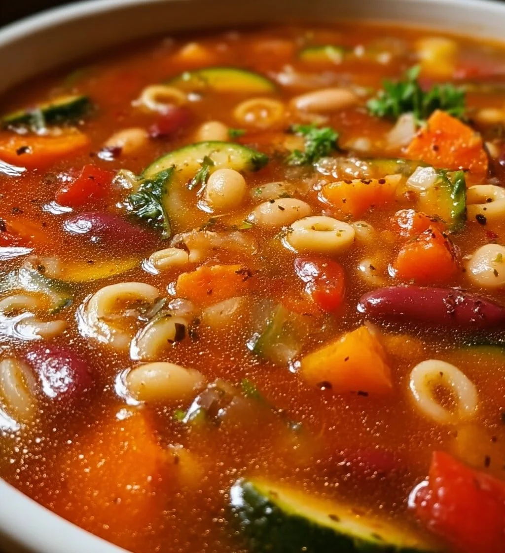 A bowl of high protein minestrone soup rich in vegetables and beans.