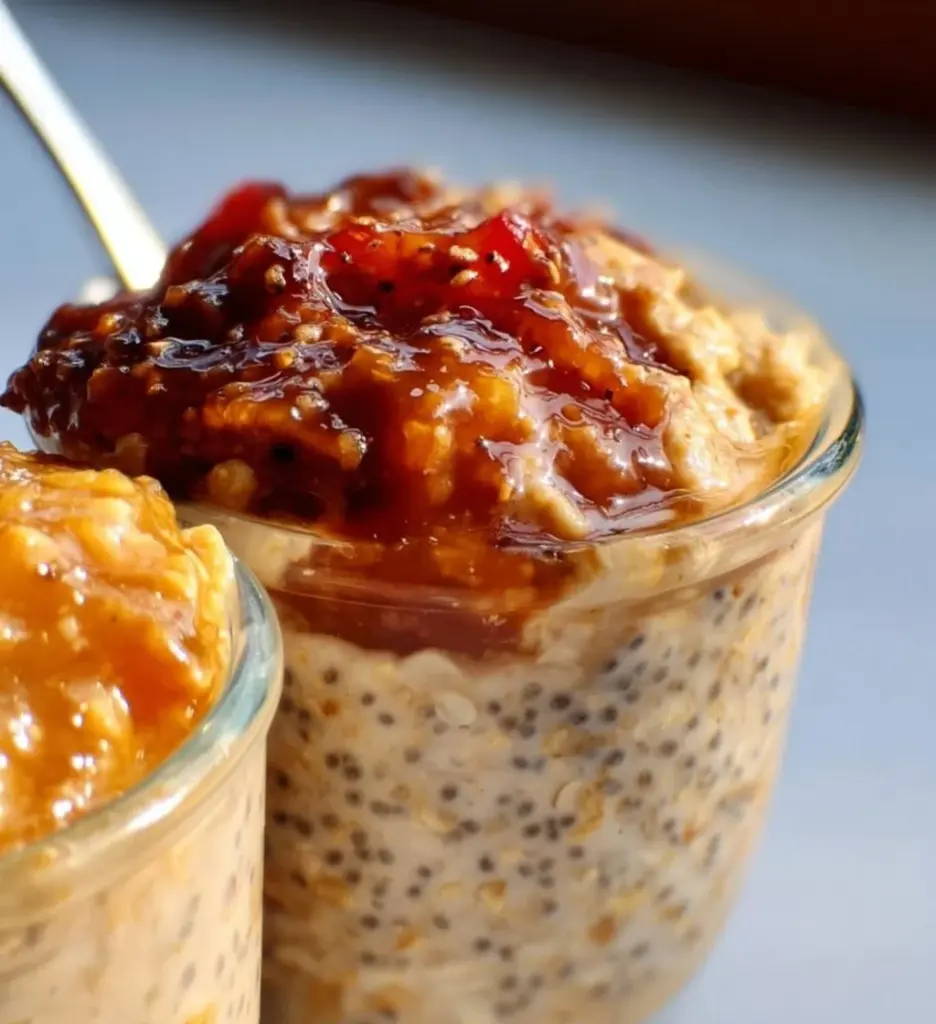 Bowl of high protein overnight oats topped with fruits and nuts