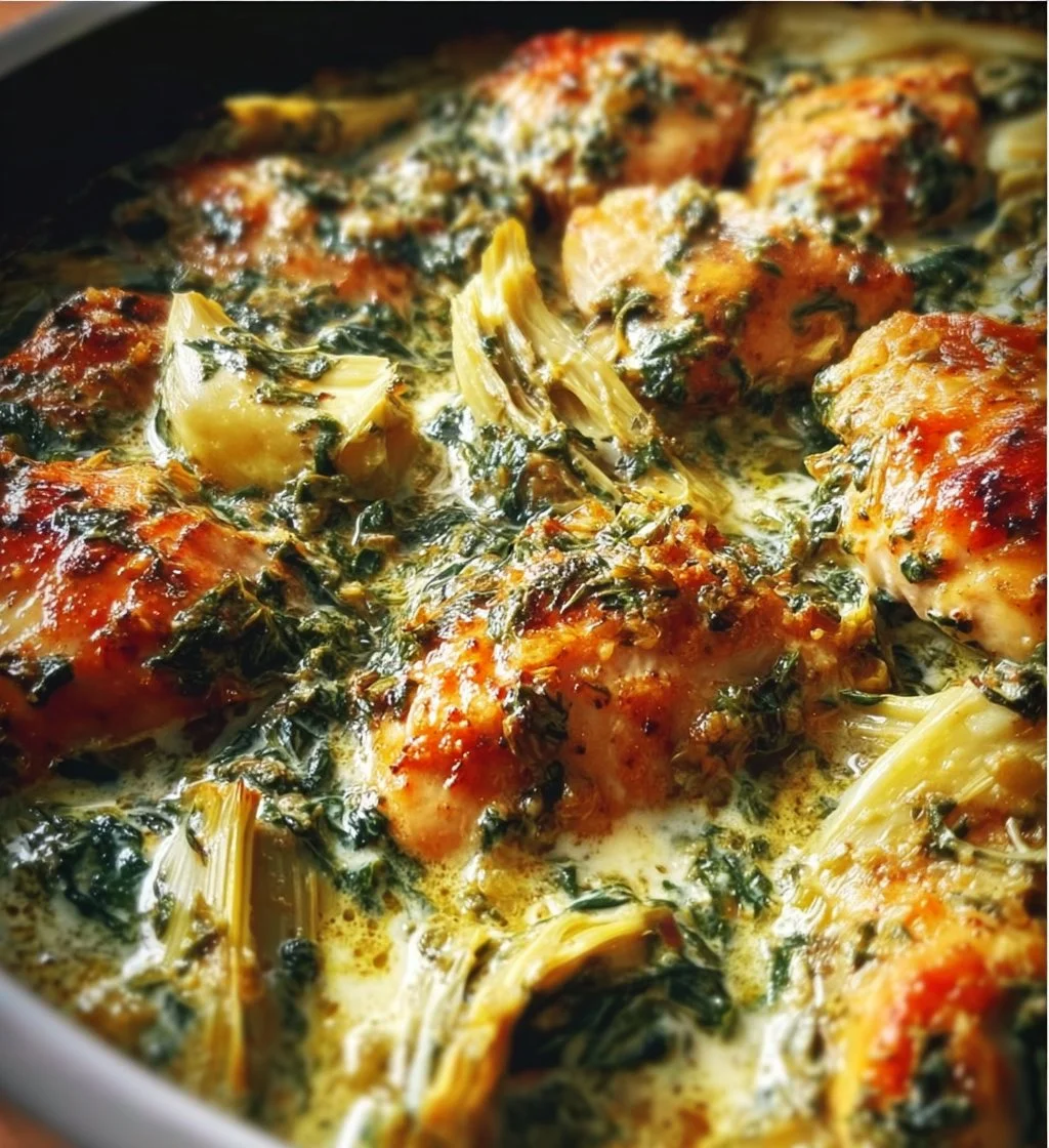 High-Protein Spinach and Artichoke Chicken Casserole dish