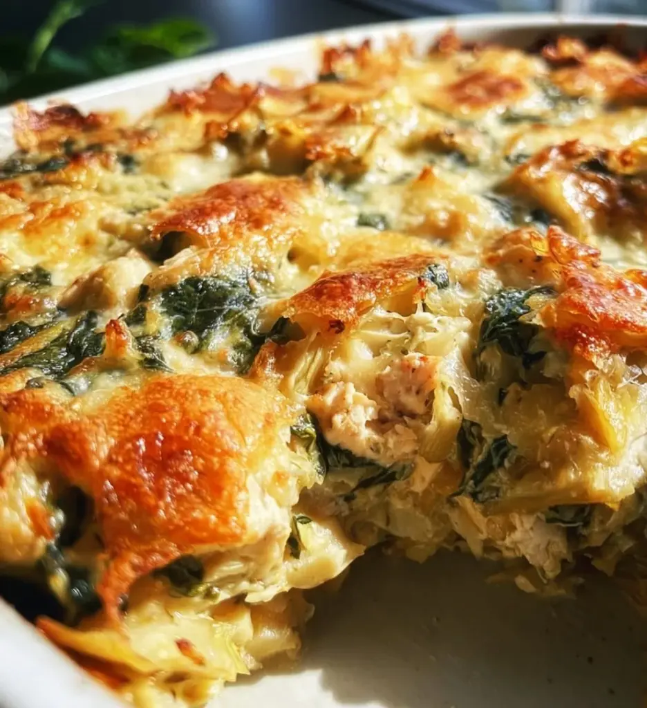 High-protein spinach and artichoke chicken casserole dish ready to serve
