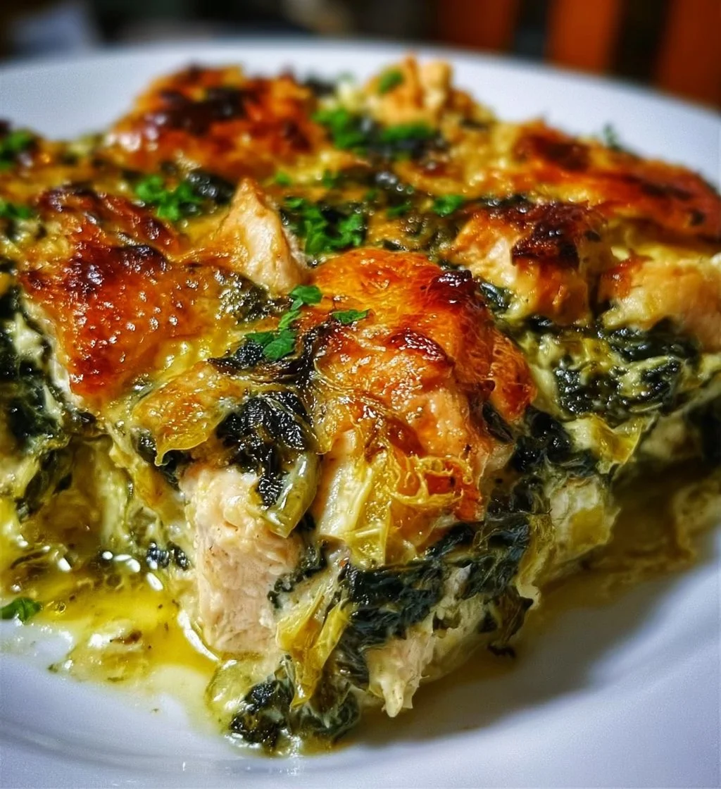High-protein spinach artichoke chicken casserole dish served in a baking tray.